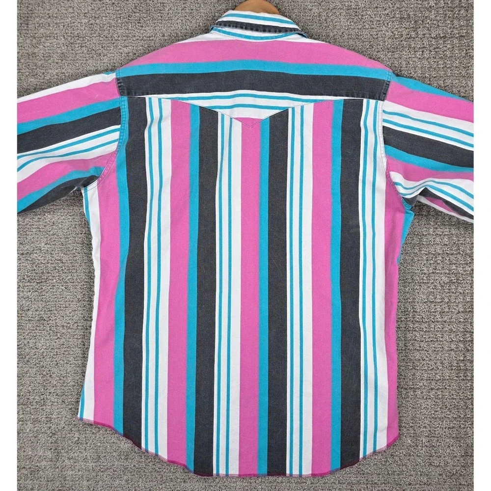 Vintage Wrangler Brushpopper Mens Western Shirt Pink Striped X-Long Tails 17x36 - Picture 5 of 10